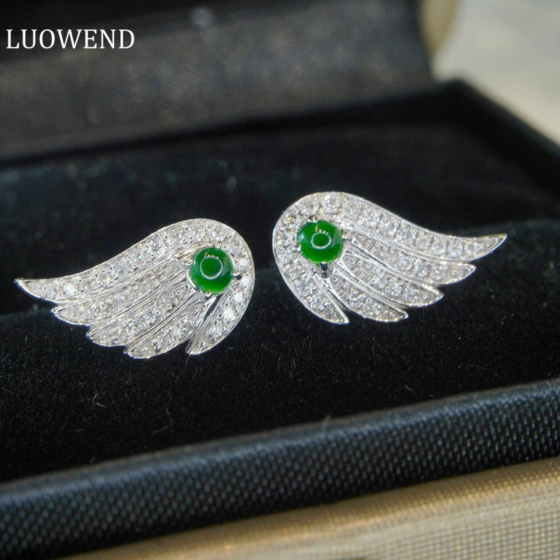 LUOWEND 18K White Gold Real Natural Jadeite and Diamond Stud Earrings for Women