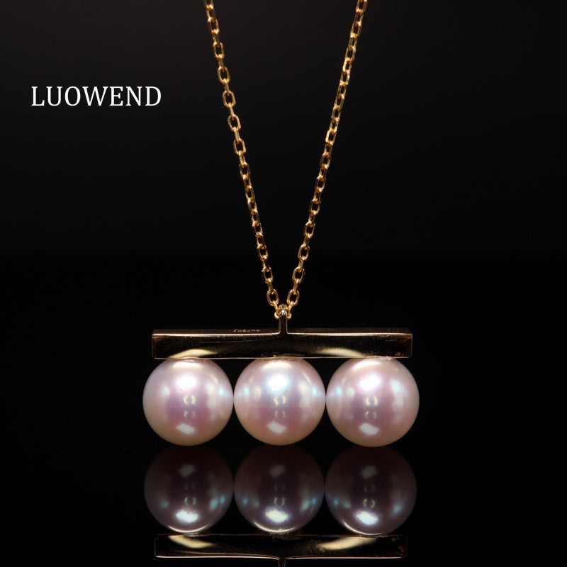 LUOWEND 18K Yellow Gold Natural Akoya Pearl Necklace for Women