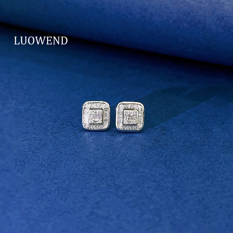 LUOWEND 18K White Gold Real Natural Diamond Stud Earrings for Women
