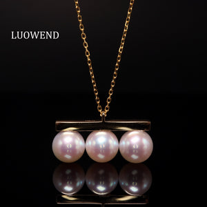 LUOWEND 18K Yellow Gold Natural Akoya Pearl Necklace for Women