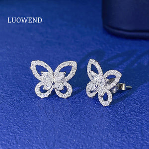 LUOWEND 18K White Gold Real Natural Diamond Stud Earrings for Women