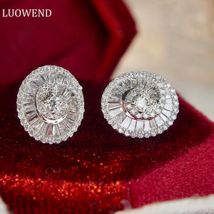 LUOWEND 18K White Gold Real Natural Diamond Stud Earrings for Women
