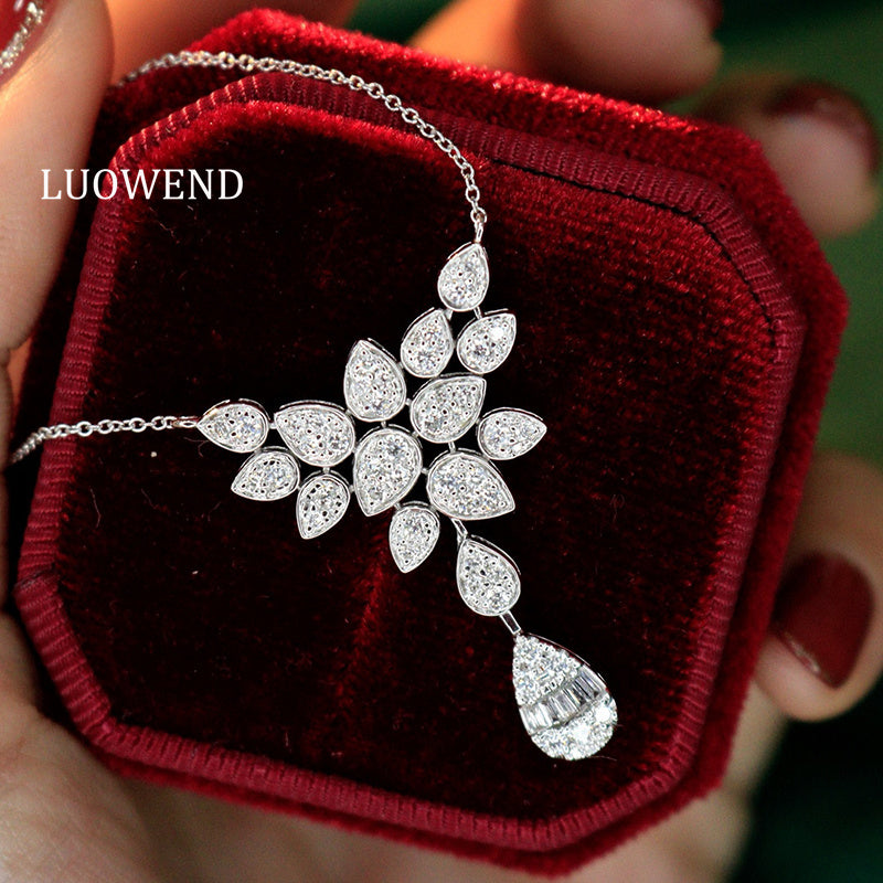 LUOWEND 18K White Gold Natural Diamond Necklace for Women