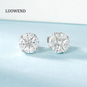 LUOWEND 18K White Gold Real Natural Diamond Stud Earrings for Women