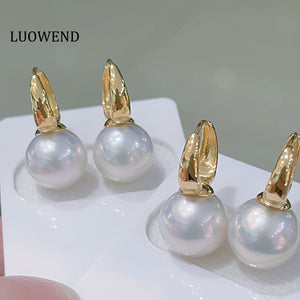 LUOWEND 18K Yellow Gold Real Natural Freshwater Pearl Earrings for Women