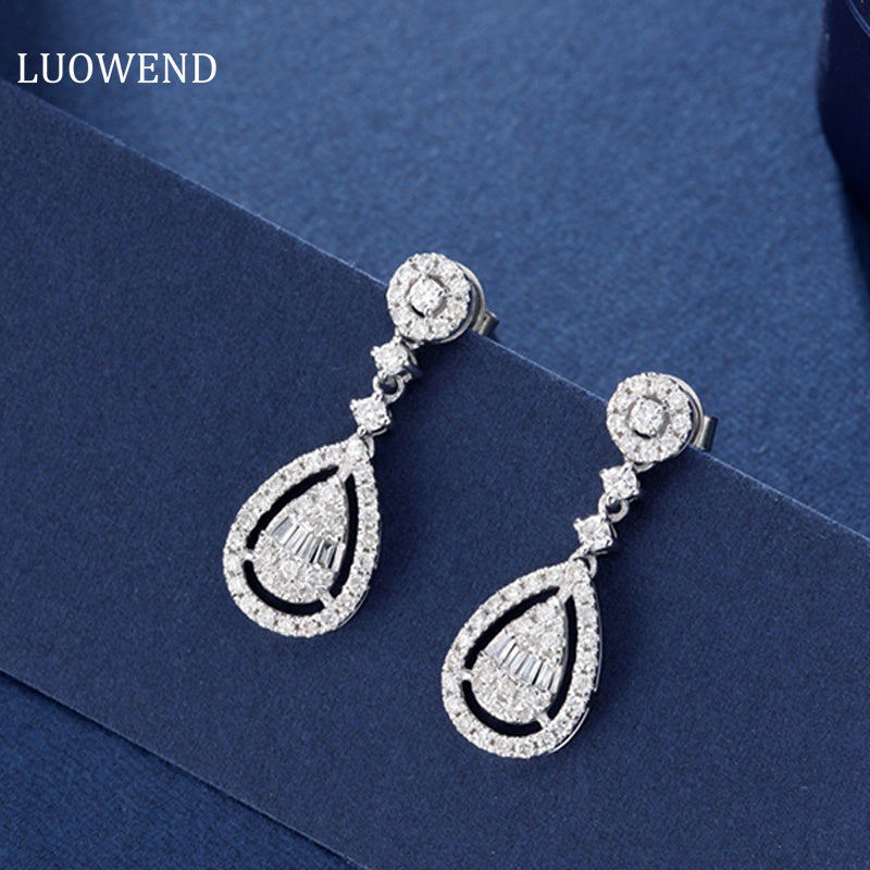 LUOWEND 18K White Gold Real Natural Diamond Stud Earrings for Women