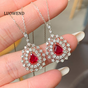 LUOWEND 18K White Gold Natural Ruby Necklace for Women