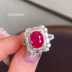 LUOWEND 18K White Gold Natural Ruby Ring for Women