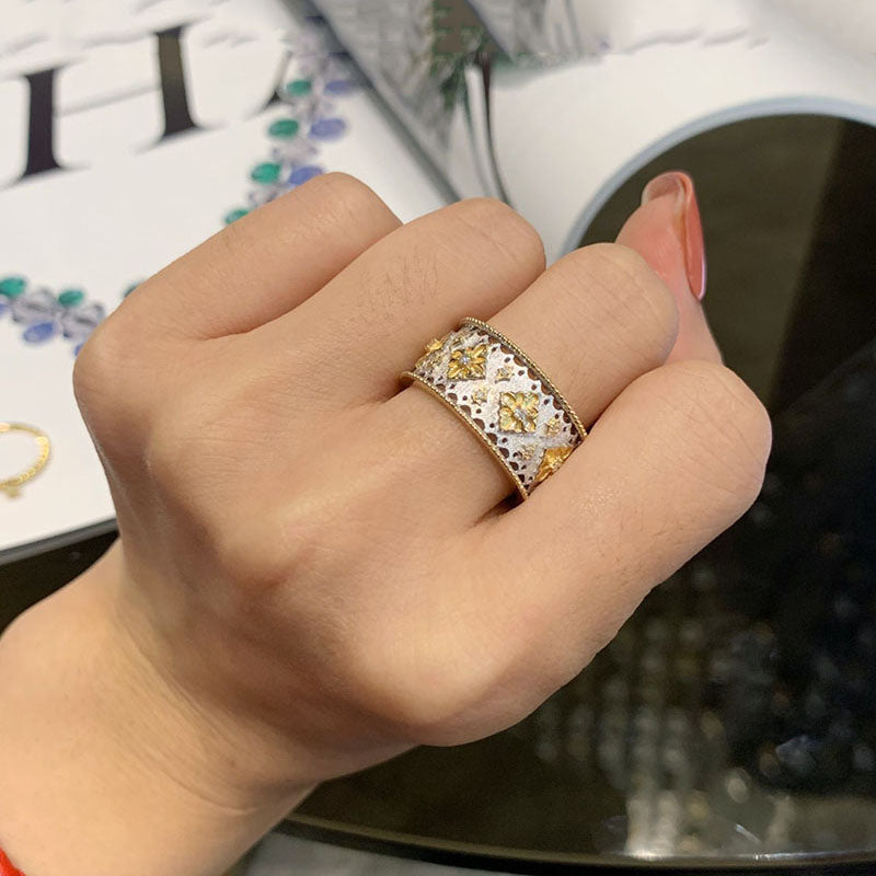 LUOWEND 18K White and Yellow Gold Real Natural Diamond Ring for Women