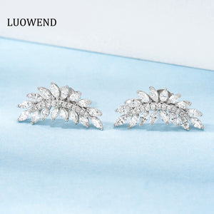 LUOWEND 18K White Gold Real Natural Diamond Stud Earrings for Women