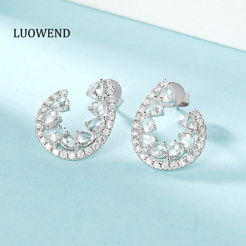 LUOWEND 18K White Gold Real Natural Diamond Stud Earrings for Women