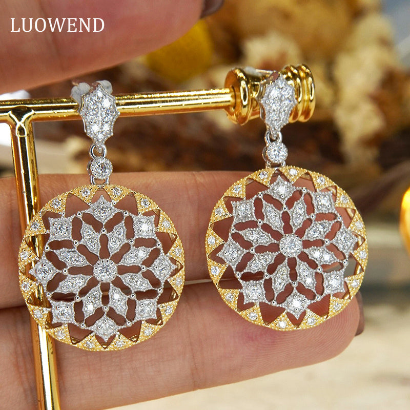 LUOWEND 18K White and Yellow Gold Real Natural Diamond Drop Earrings for Women