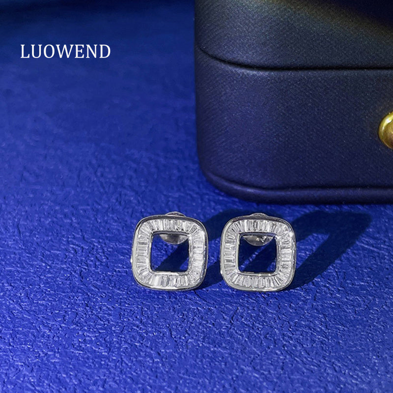 LUOWEND 18K White Gold Real Natural Diamond Stud Earrings for Women