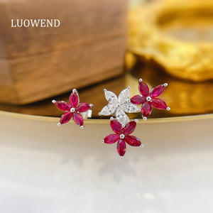 LUOWEND 18K White Gold Real Natural Ruby and Diamond Gemstone Earrings for Women