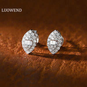 LUOWEND 18K White Gold Real Natural Diamond Stud Earrings for Women