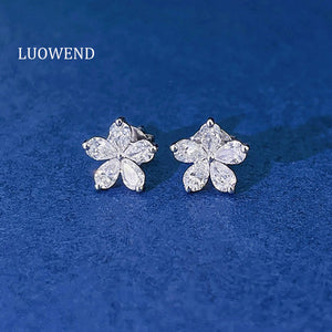 LUOWEND 18K White Gold Real Natural Diamond Stud Earrings for Women