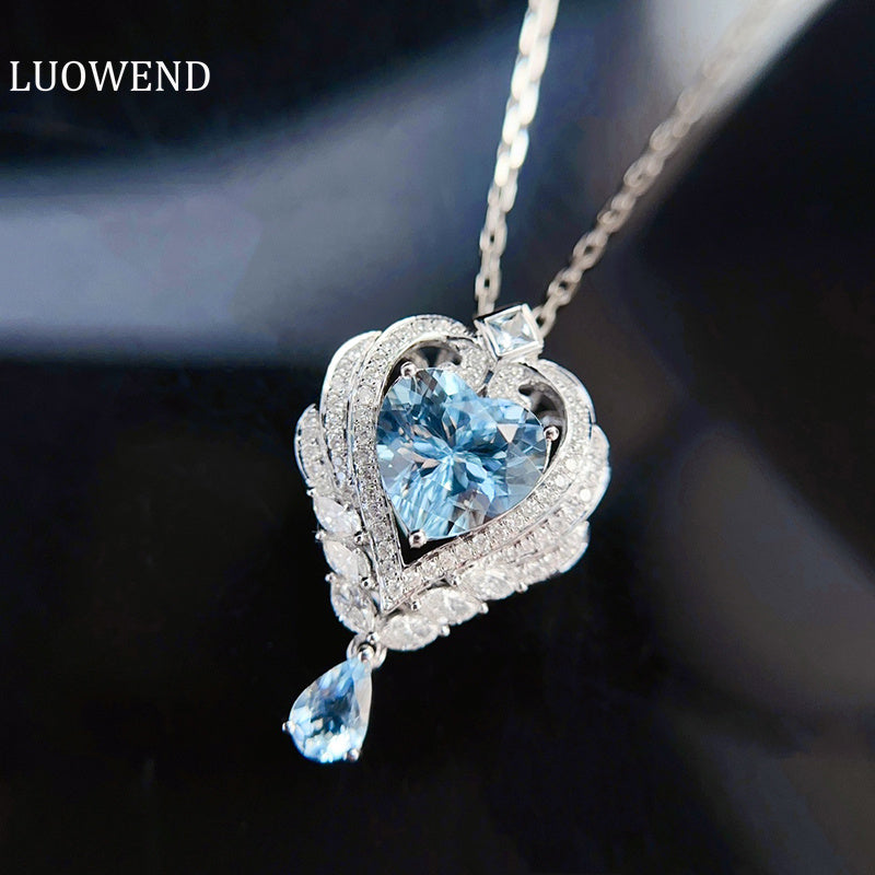 LUOWEND 18K White Gold Real Natural Aquamarine and Diamond Gemstone Necklace for Women