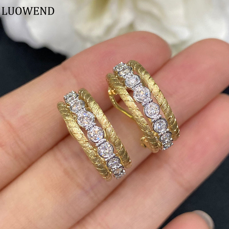 LUOWEND 18K White and Yellow Gold Real Natural Diamond Hoop Earrings for Women