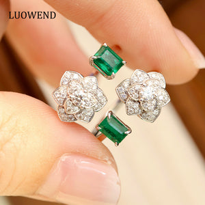 LUOWEND 18K White Gold Real Natural Emerald and Diamond Ring for Women