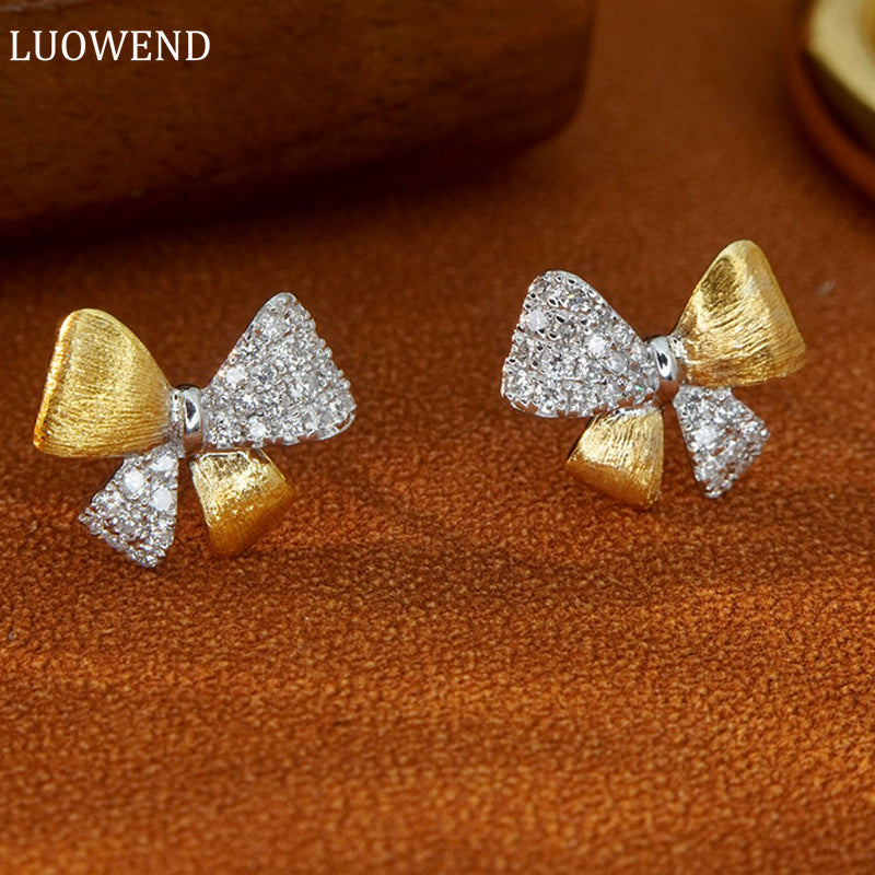 LUOWEND 18K White and Yellow Gold Real Natural Diamond Stud Earrings for Women