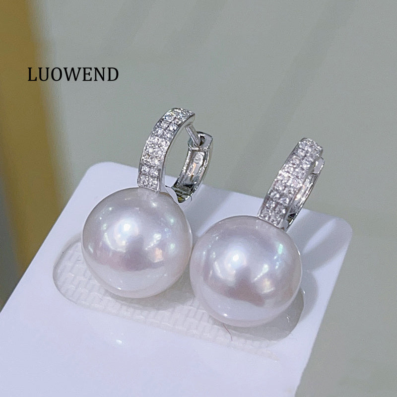 LUOWEND 18K White Gold Real Natural Pearl Earrings for Women