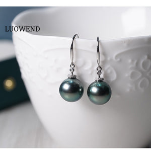 LUOWEND 18K White Gold Real Natural Tahiti Black Pearl Earrings for Women