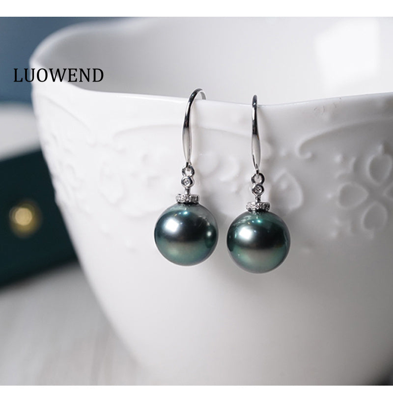 LUOWEND 18K White Gold Real Natural Tahiti Black Pearl Earrings for Women