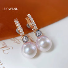 Load image into Gallery viewer, LUOWEND 18K Yellow Gold Real Natural Diamond and Akoya Pearl Earrings for Women
