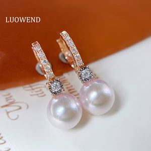 LUOWEND 18K Yellow Gold Real Natural Diamond and Akoya Pearl Earrings for Women