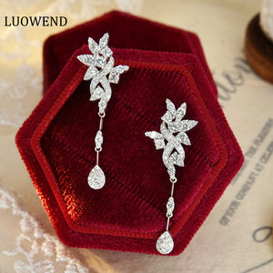 LUOWEND 18K White Gold Real Natural Diamond Drop Earrings for Women