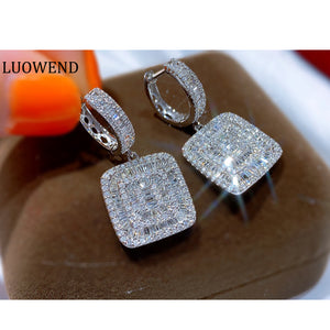 LUOWEND 18K White Gold Real Natural Diamond Hoop Earrings for Women