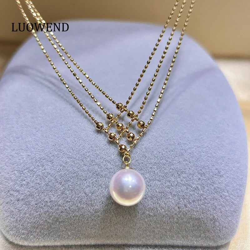 LUOWEND 18K Yellow Gold Real Natural Akoya Pearl Necklace for Women
