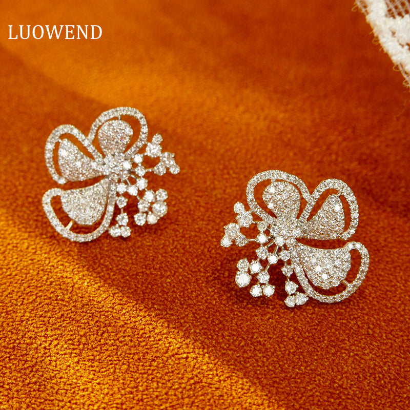 LUOWEND 18K White Gold Real Natural Diamond Stud Earrings for Women