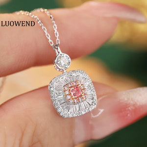 LUOWEND 18K White Gold Real Natural Pink Diamond Pendant Necklace for Women