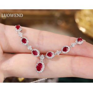 LUOWEND 18K White Gold Natural Ruby Real Diamond Necklace for Women