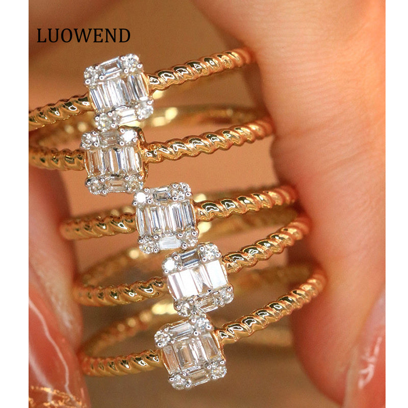 LUOWEND 18K Yellow Gold Natural Diamond Ring for Women