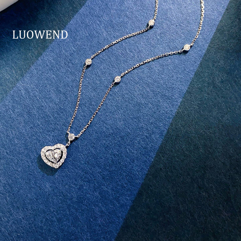 LUOWEND 18K White Gold Natural Diamond Pendant Necklace for Women
