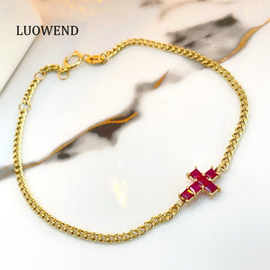 LUOWEND 18K Yellow Gold Natural Ruby Bracelet for Women