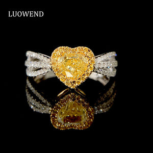 LUOWEND 18K White Gold Real Natural Yellow Diamond Ring for Women