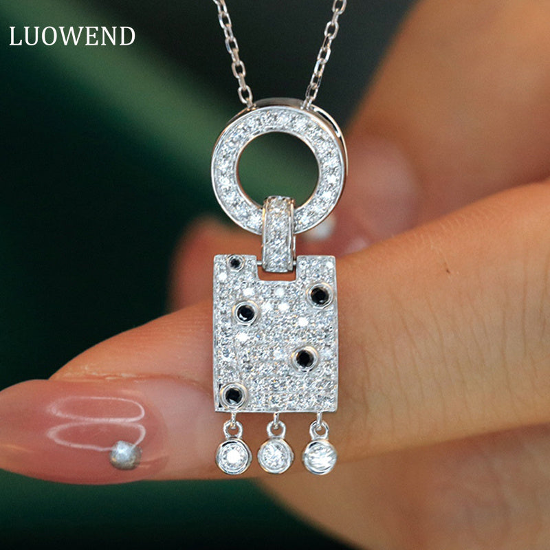 LUOWEND 18K White Gold Real Natural Diamond Pendant Necklace for Women