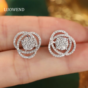 LUOWEND 18K White Gold Real Natural Diamond Stud Earrings for Women