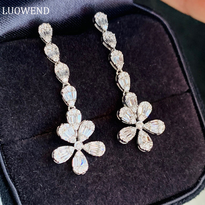 LUOWEND 18K White Gold Real Natural Diamond Drop Earrings for Women