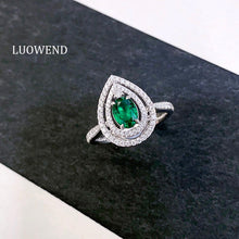 Load image into Gallery viewer, LUOWEND 18K White Gold Real Natural Diamond and Emerald Ring for Women
