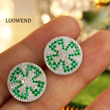 Load image into Gallery viewer, LUOWEND 18K White Gold Real Natural Emerald Natural Diamond Earrings for Women
