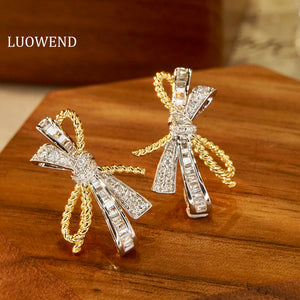 LUOWEND 18K White and Yellow Gold Real Natural Diamond Stud Earrings for Women