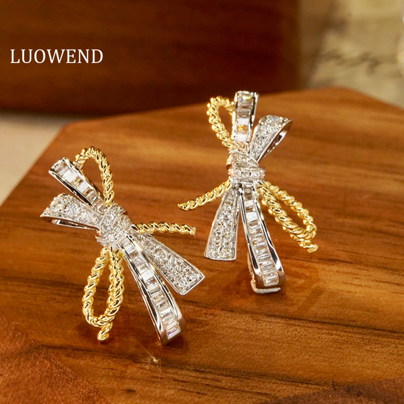 LUOWEND 18K White and Yellow Gold Real Natural Diamond Stud Earrings for Women