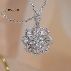 LUOWEND 18K White Gold Real Natural Diamond Necklace for Women