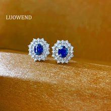 Load image into Gallery viewer, LUOWEND 18K White Gold Natural Diamond and Sapphire Earrings for Women
