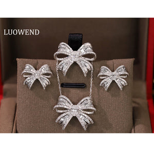 LUOWEND 18K White Gold Real Natural Diamond Necklace/Ring/Earrings for Women
