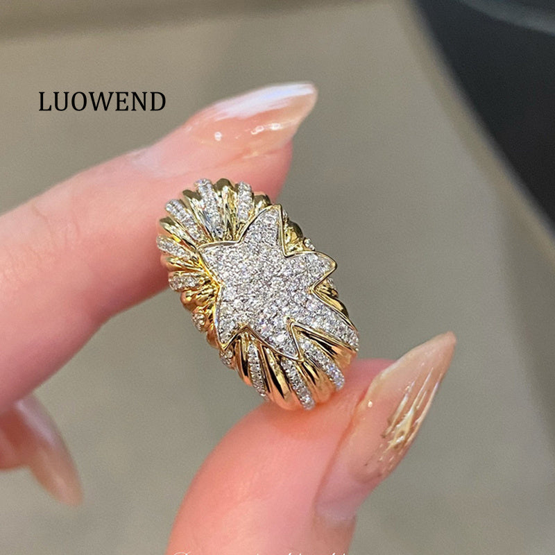 LUOWEND 18K White+Yellow Gold Natural Diamond Ring for Women